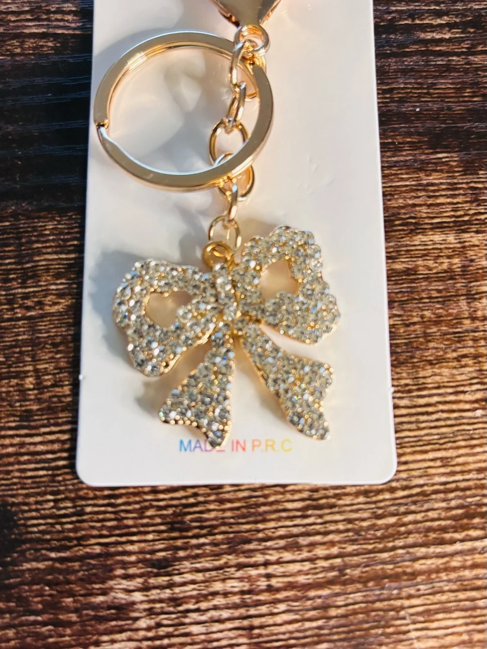 Crystal Rhinestone Bow Keychain - Gold Tone